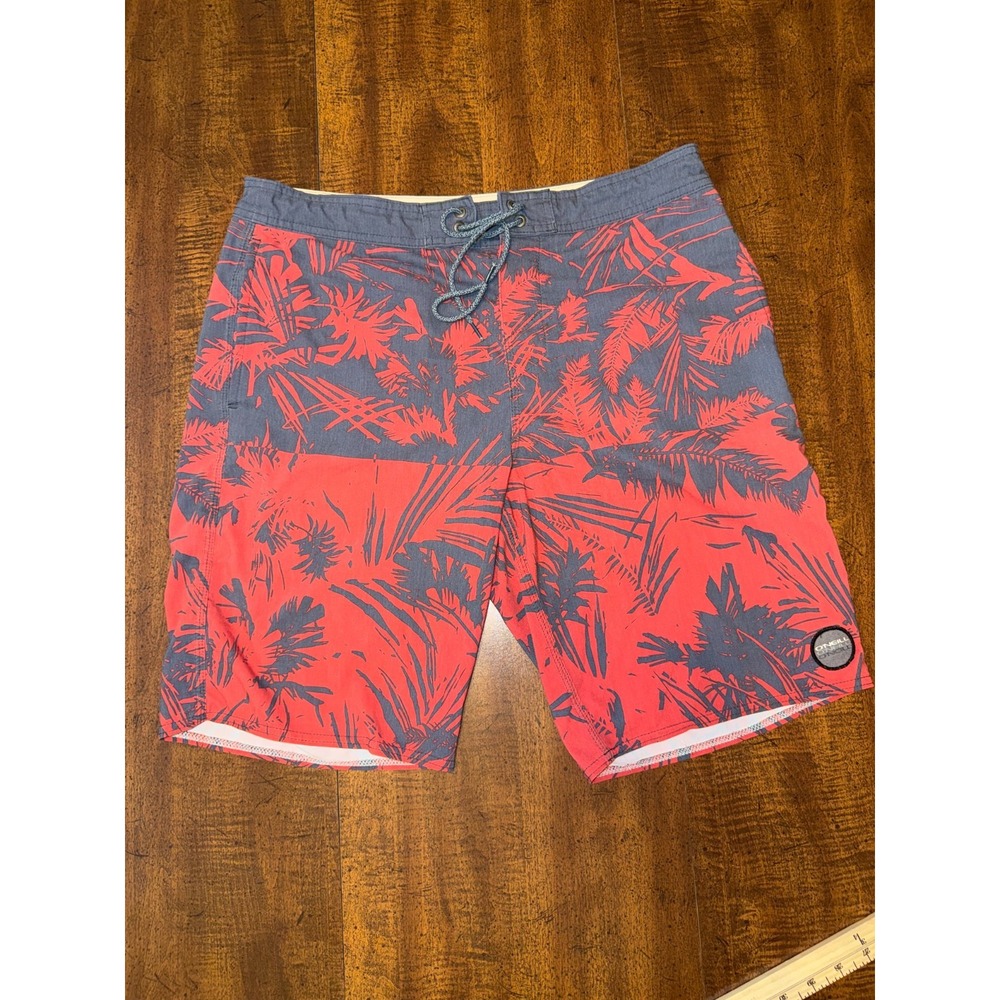 O'neill Board Shorts Mens 32 Striped Red Tropical Beach Swim Trunks Pool Party